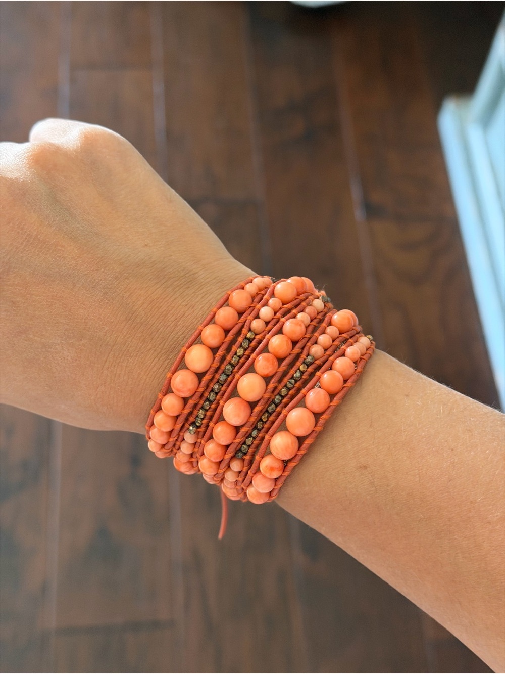 CHAN LUU Coral Pyrite Beaded 5 Wrap Bracelet with Heart Button - Picture 3 of 6